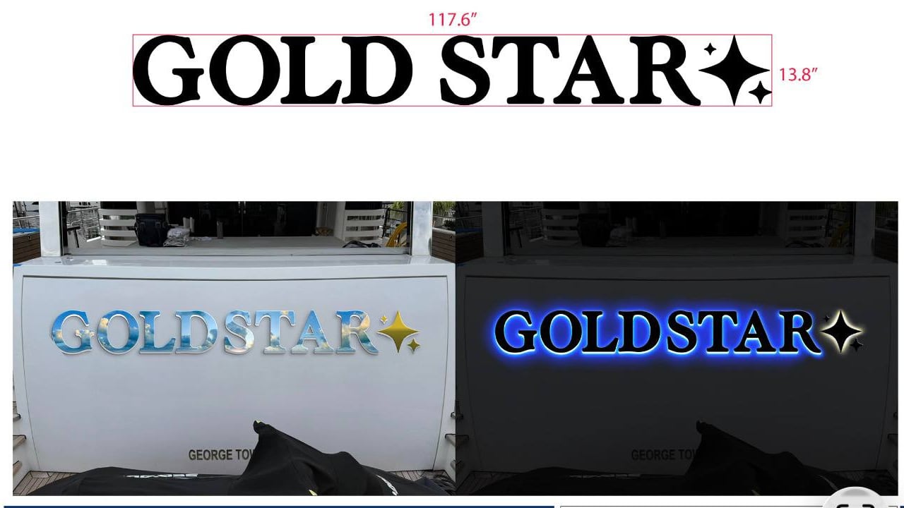 GOLD STAR design drawing with dimensions and day-night render comparison